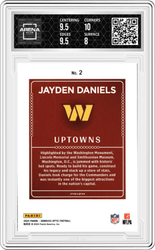 Jayden Daniels from the 2024 Donruss Optic set graded by Arena Club and given an overall grade of 8.5.