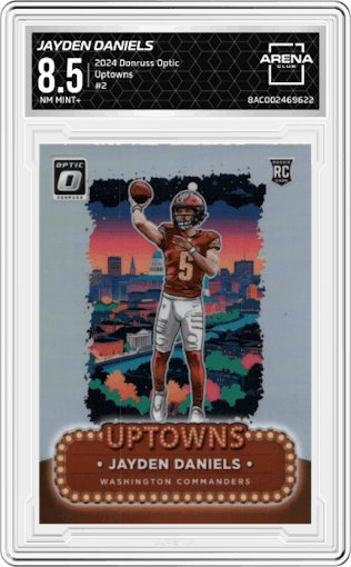 Jayden Daniels from the 2024 Donruss Optic set graded by Arena Club and given an overall grade of 8.5.