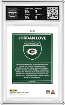 Jordan Love from the 2024 Donruss Optic set graded by Arena Club and given an overall grade of 8.5.