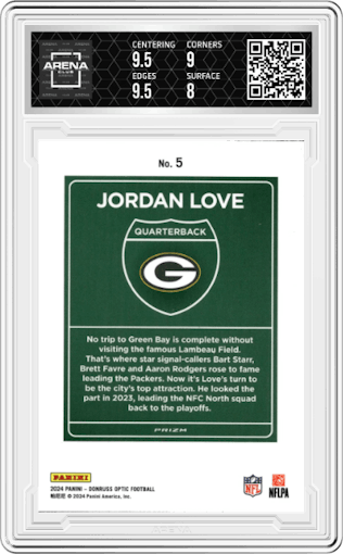 Jordan Love from the 2024 Donruss Optic set graded by Arena Club and given an overall grade of 8.5.