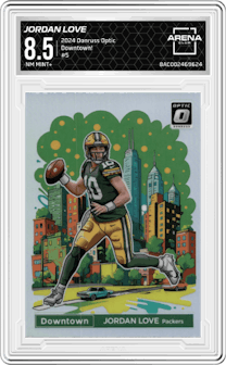 Jordan Love from the 2024 Donruss Optic set graded by Arena Club and given an overall grade of 8.5.