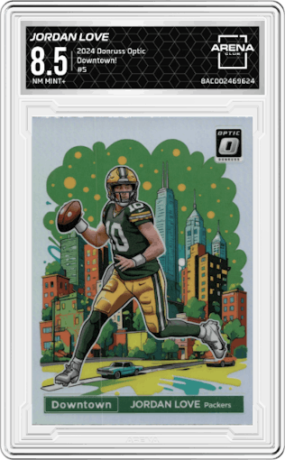 Jordan Love from the 2024 Donruss Optic set graded by Arena Club and given an overall grade of 8.5.