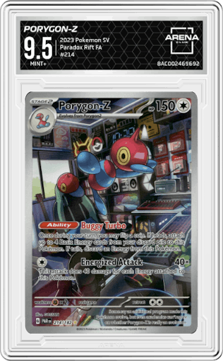 Porygon-Z from the 2023 Pokemon SV set graded by Arena Club and given an overall grade of 9.5.