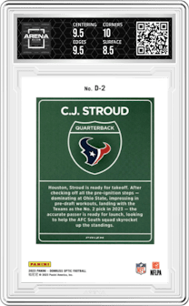 C.J. Stroud  from the 2023 Donruss Optic set graded by Arena Club and given an overall grade of 9.