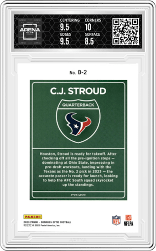 C.J. Stroud  from the 2023 Donruss Optic set graded by Arena Club and given an overall grade of 9.