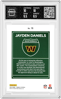 Jayden Daniels from the 2024 Donruss set and given an overall grade of 9.