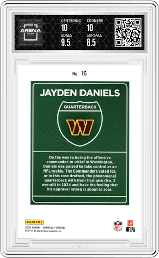Jayden Daniels from the 2024 Donruss set graded by Arena Club and given an overall grade of 9.