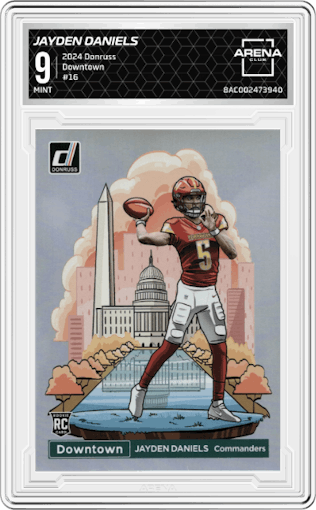 Jayden Daniels from the 2024 Donruss set graded by Arena Club and given an overall grade of 9.