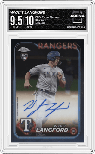Wyatt Langford from the 2024 Topps Chrome set graded by Arena Club and given an overall grade of 9.5.