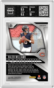 Caleb Williams from the 2024 Panini Prizm set featuring a Silver Prizm parallel and given an overall grade of 9.