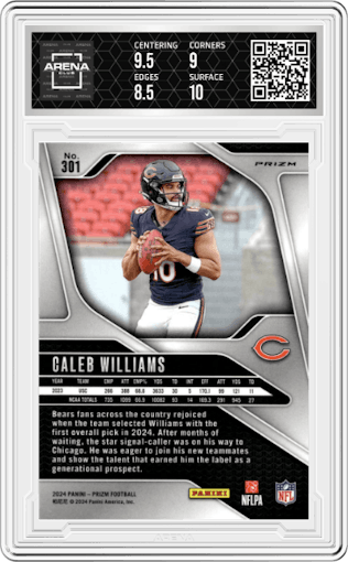 Caleb Williams from the 2024 Panini Prizm set featuring a Silver Prizm parallel graded by Arena Club and given an overall grade of 9.