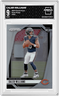 Caleb Williams from the 2024 Panini Prizm set featuring a Silver Prizm parallel and given an overall grade of 9.