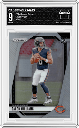 Caleb Williams from the 2024 Panini Prizm set featuring a Silver Prizm parallel graded by Arena Club and given an overall grade of 9.