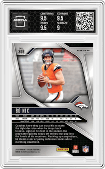 Bo Nix from the 2024 Panini Prizm set featuring a Silver Prizm parallel graded by Arena Club and given an overall grade of 9.5.