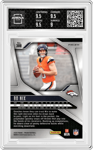 Bo Nix from the 2024 Panini Prizm set featuring a Silver Prizm parallel graded by Arena Club and given an overall grade of 9.5.