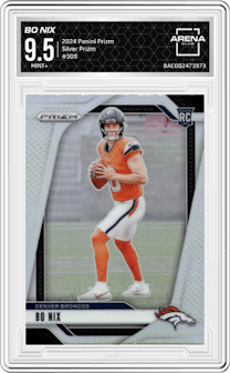 Bo Nix from the 2024 Panini Prizm set featuring a Silver Prizm parallel graded by Arena Club and given an overall grade of 9.5.