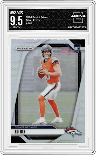 Bo Nix from the 2024 Panini Prizm set featuring a Silver Prizm parallel graded by Arena Club and given an overall grade of 9.5.