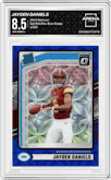 Jayden Daniels from the 2024 Donruss set featuring a Blue Scope parallel graded by Arena Club and given an overall grade of 8.5.