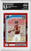 Jayden Daniels from the 2024 Donruss set featuring a Red Wave parallel graded by Arena Club and given an overall grade of 9.5.