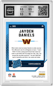 Jayden Daniels from the 2024 Donruss set featuring a Red and Green parallel graded by Arena Club and given an overall grade of 10.
