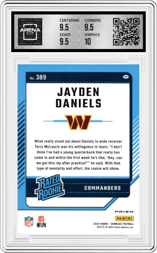 Jayden Daniels from the 2024 Donruss set featuring a Red and Green parallel graded by Arena Club and given an overall grade of 10.