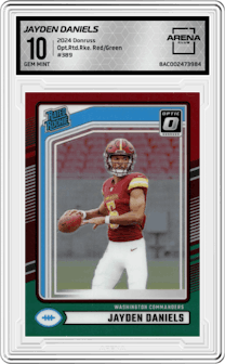Jayden Daniels from the 2024 Donruss set featuring a Red and Green parallel graded by Arena Club and given an overall grade of 10.