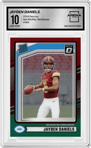 Jayden Daniels from the 2024 Donruss set featuring a Red and Green parallel graded by Arena Club and given an overall grade of 10.