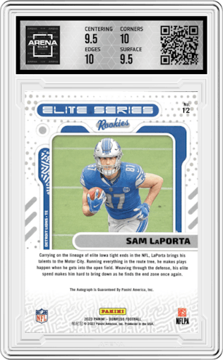 Sam Laporta from the 2023 Panini Donruss set graded by Arena Club and given an overall grade of 10.