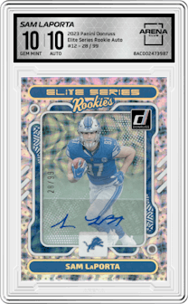 Sam Laporta from the 2023 Panini Donruss set and given an overall grade of 10.