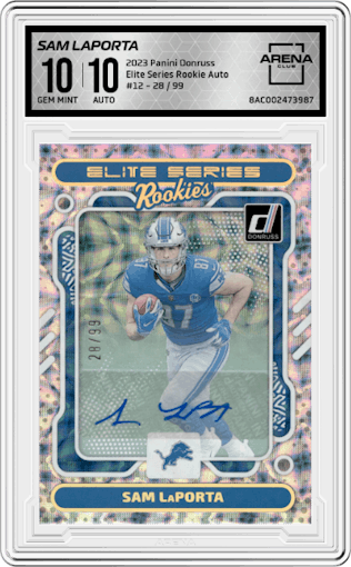 Sam Laporta from the 2023 Panini Donruss set graded by Arena Club and given an overall grade of 10.