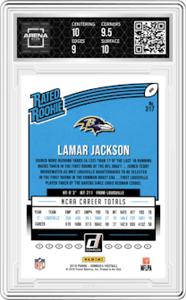 Lamar Jackson from the 2018 Panini Donruss set graded by Arena Club and given an overall grade of 9.5.