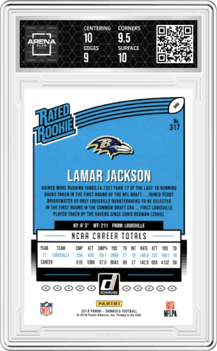 Lamar Jackson from the 2018 Panini Donruss set graded by Arena Club and given an overall grade of 9.5.