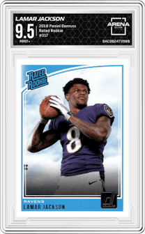Lamar Jackson from the 2018 Panini Donruss set graded by Arena Club and given an overall grade of 9.5.
