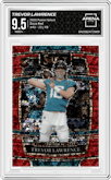 Trevor Lawrence from the 2021 Panini Select set featuring a Disco Red parallel graded by Arena Club and given an overall grade of 9.5.