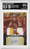 Luke McCaffrey from the 2024 Panini Obsidian set featuring a Molten FOTL parallel graded by Arena Club and given an overall grade of 9.5.