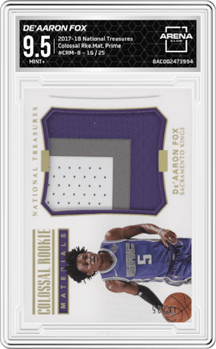 De'Aaron Fox from the 2017-18 Panini National Treasures set featuring a Prime parallel graded by Arena Club and given an overall grade of 9.5.
