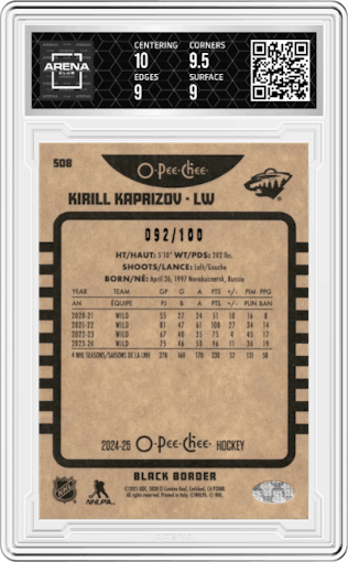 Kirill Kaprizov from the 2024-25 O-Pee-Chee set featuring a Retro Black Border parallel graded by Arena Club and given an overall grade of 9.5.