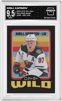 Kirill Kaprizov from the 2024-25 O-Pee-Chee set featuring a Retro Black Border parallel graded by Arena Club and given an overall grade of 9.5.