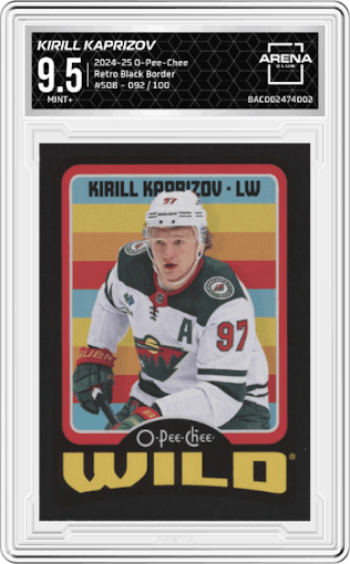 Kirill Kaprizov from the 2024-25 O-Pee-Chee set featuring a Retro Black Border parallel graded by Arena Club and given an overall grade of 9.5.