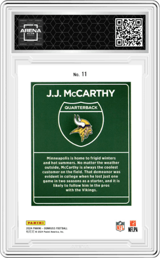 J.J. McCarthy from the 2024 Donruss set graded by Arena Club.