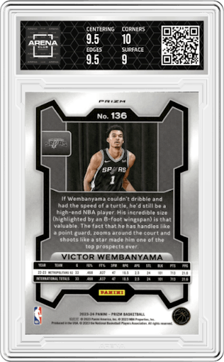 Victor Wembanyama from the 2023-24 Panini Prizm set featuring a Pink Ice parallel graded by Arena Club and given an overall grade of 9.5.