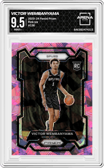 Victor Wembanyama from the 2023-24 Panini Prizm set featuring a Pink Ice parallel graded by Arena Club and given an overall grade of 9.5.