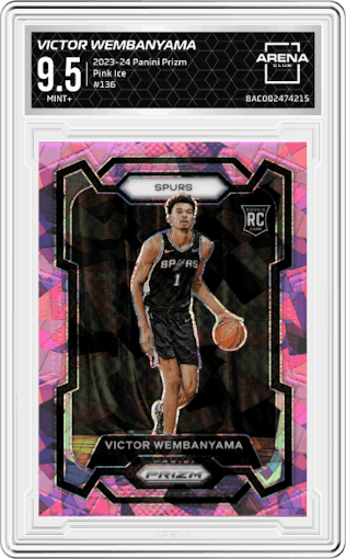 Victor Wembanyama from the 2023-24 Panini Prizm set featuring a Pink Ice parallel graded by Arena Club and given an overall grade of 9.5.