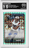 Drake Maye from the 2024 Topps Chrome set featuring a Aqua Geometric Refractor parallel graded by Arena Club and given an overall grade of 9.