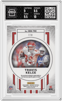 Travis Kelce from the 2023 Panini Obsidian set featuring a Electric Etch Red parallel graded by Arena Club and given an overall grade of 9.5.