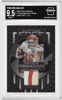 Travis Kelce from the 2023 Panini Obsidian set featuring a Electric Etch Red parallel graded by Arena Club and given an overall grade of 9.5.