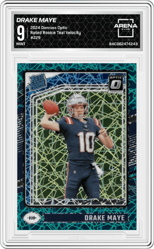 Drake Maye from the 2024 Donruss Optic set featuring a Teal Velocity parallel graded by Arena Club and given an overall grade of 9.
