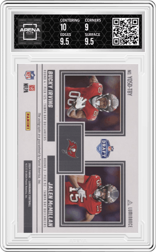 Bucky Irving/Jalen McMillan from the 2024 Panini Luminance set graded by Arena Club and given an overall grade of 9.5.
