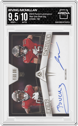 Bucky Irving/Jalen McMillan from the 2024 Panini Luminance set graded by Arena Club and given an overall grade of 9.5.