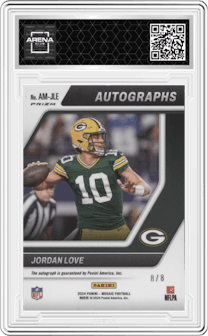 Jordan Love from the 2024 Panini Mosaic set featuring a Black Gold Choice  parallel graded by Arena Club.